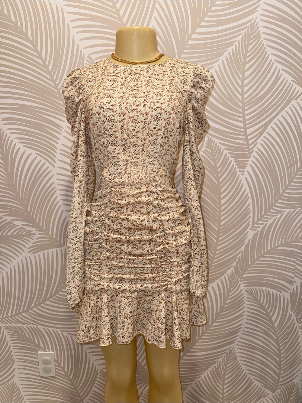 Floral Ruched Long-Sleeve Mini Dress in Ivory